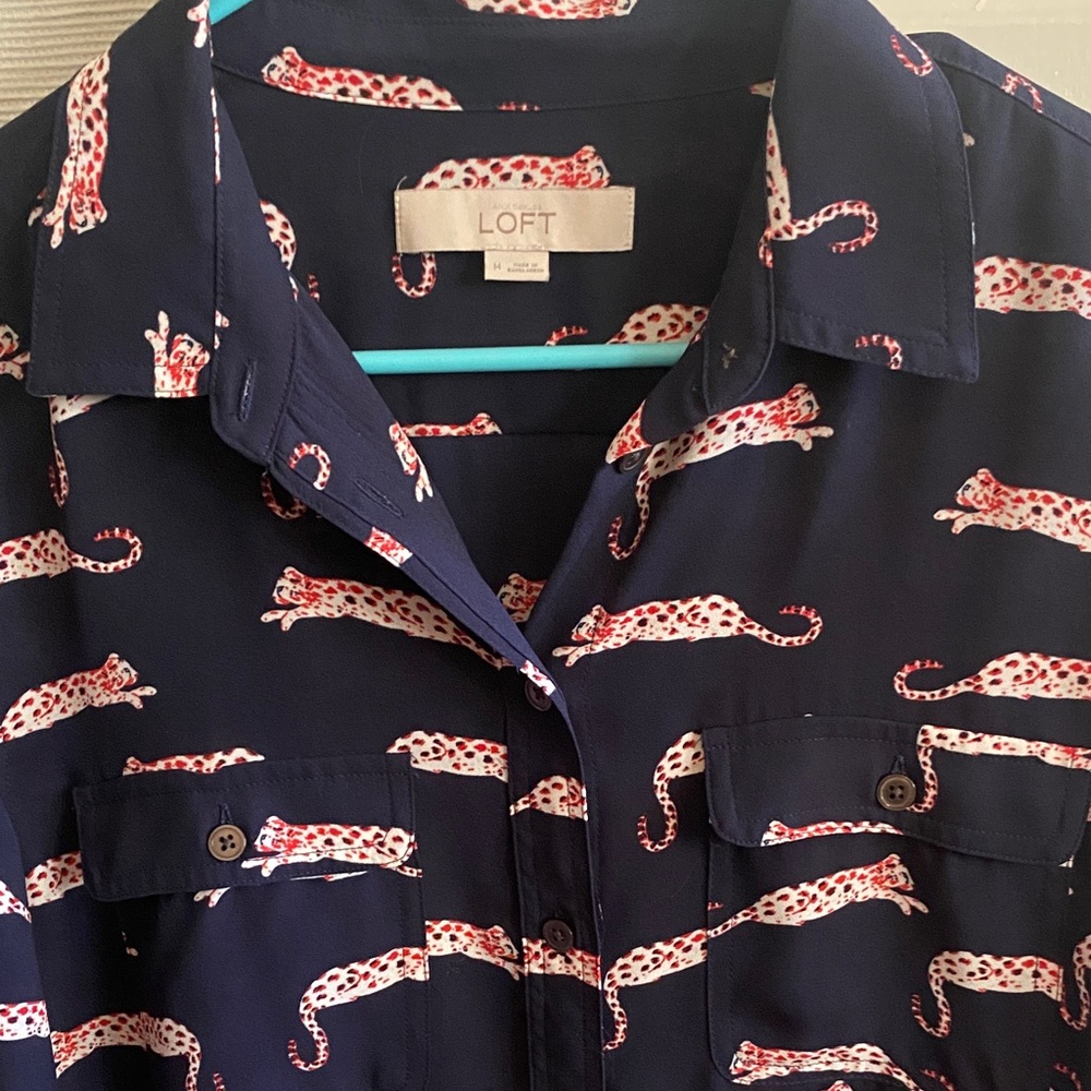 LOFT Dark Blue Blouse with Red Animal Print